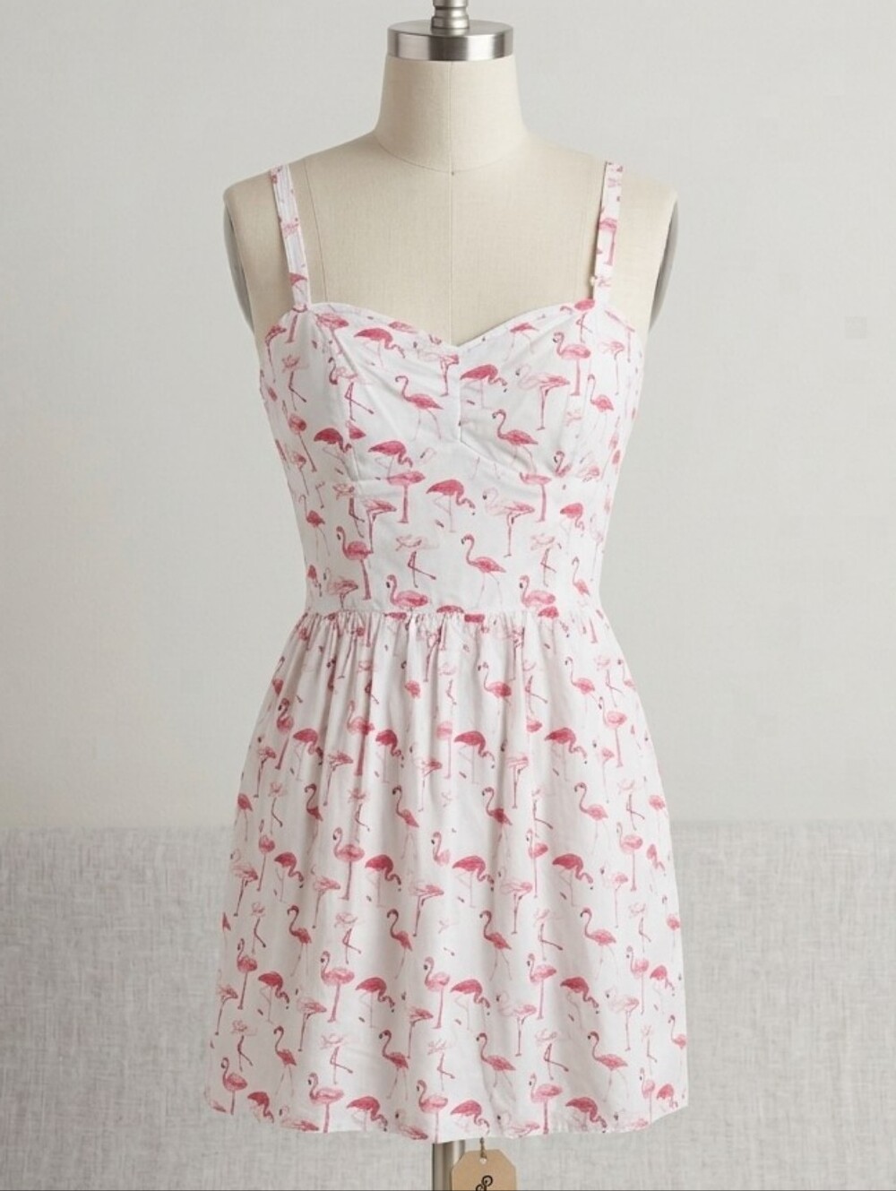AUW White Dress with Pink Flamingo Print